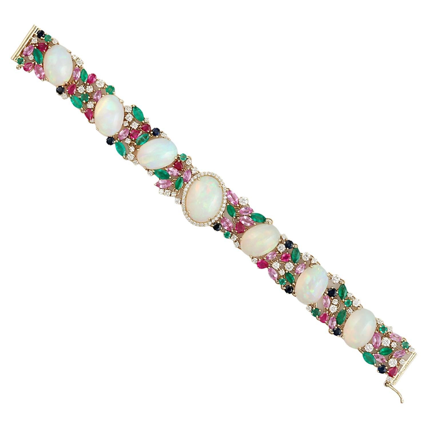 Bracciale multi e gemma in opale etiope con diamanti in oro 14 ct. in vendita