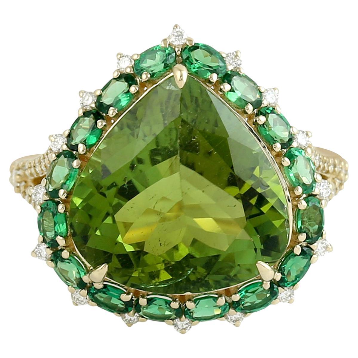 Bague en or jaune 14k avec tourmaline en forme de poire, tsavorite et diamants