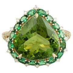 Bague en or jaune 14k avec tourmaline en forme de poire, tsavorite et diamants