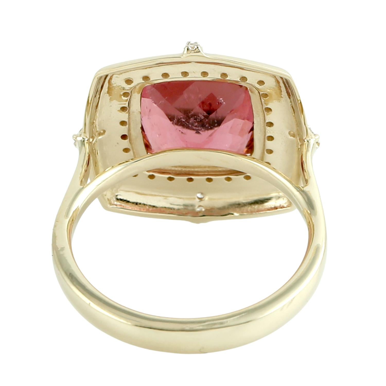 Art déco Bague cocktail en or jaune 14k avec tourmaline rose et diamant pavé en vente