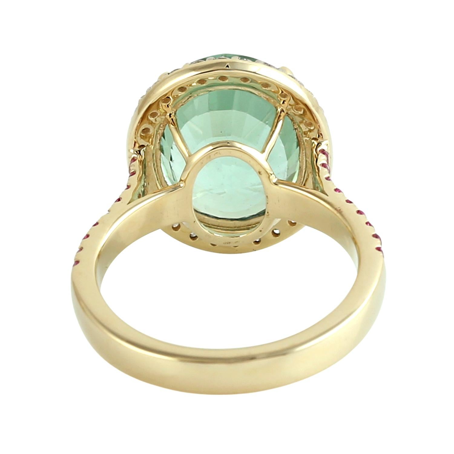 Art déco Bague cocktail tourmaline menthe avec saphir rose et diamant pavé en or 14k en vente