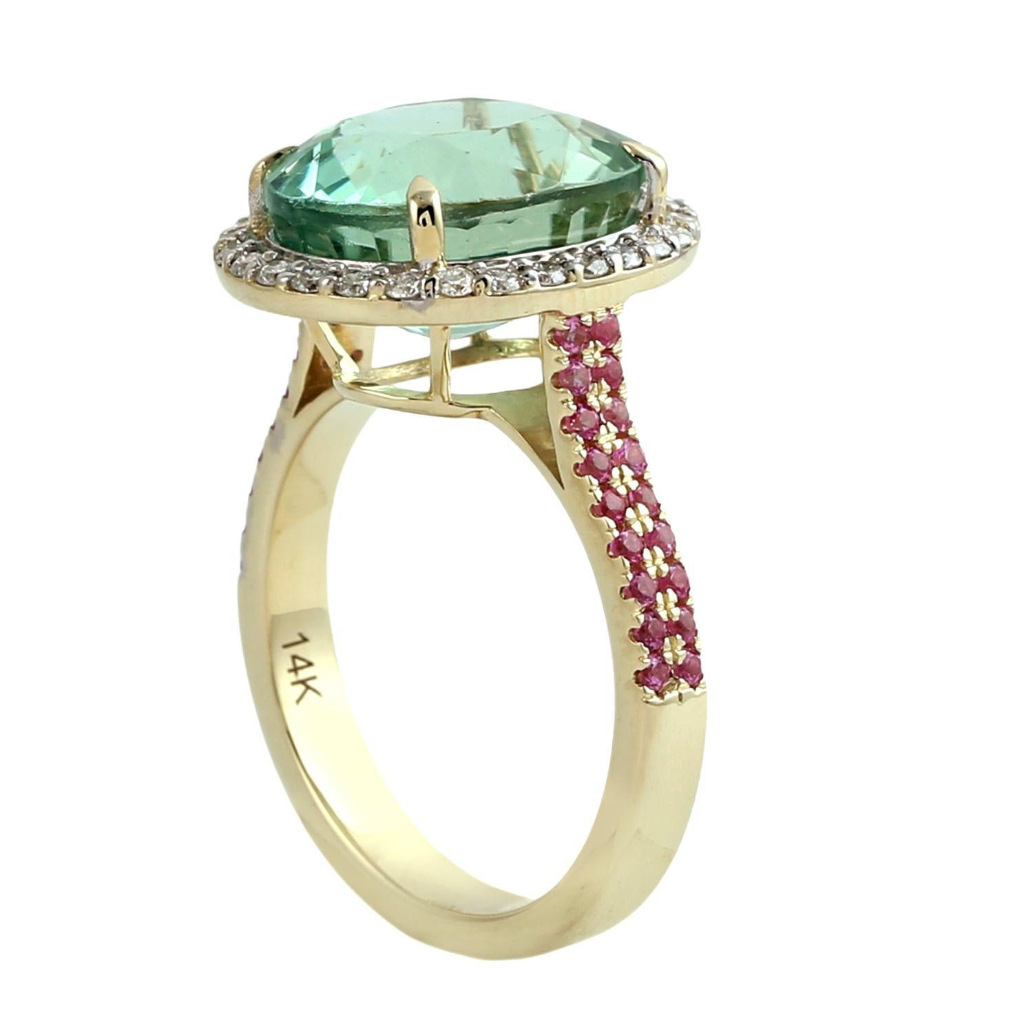 Taille mixte Bague cocktail tourmaline menthe avec saphir rose et diamant pavé en or 14k en vente