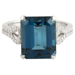 Octogen Shaped London Blue Topaz Ring With Diamonds Made In 14k White Gold