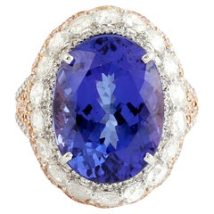 Oval Shaped Vivid Tanzanite Cocktail Ring WIth Diamonds Made In 18k White Gold