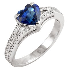 Heart Shaped Ceylon Blue Sapphire Band Ring With Diamonds Made In 18k White Gold