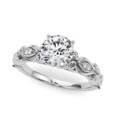 GIA 3.05 Carat Round Vintage Scrolling Ribbon 18K White Gold Diamond Ring