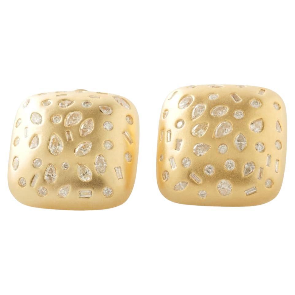Gold Square Dome Flush Natural Diamond Earrings in 14k Solid Gold (Certified) For Sale