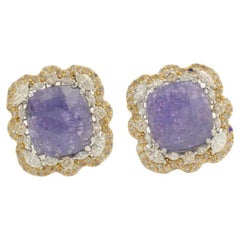 Tanzanite Halo Natural Diamond Stud Earrings in 14K Solid Gold (Certified)