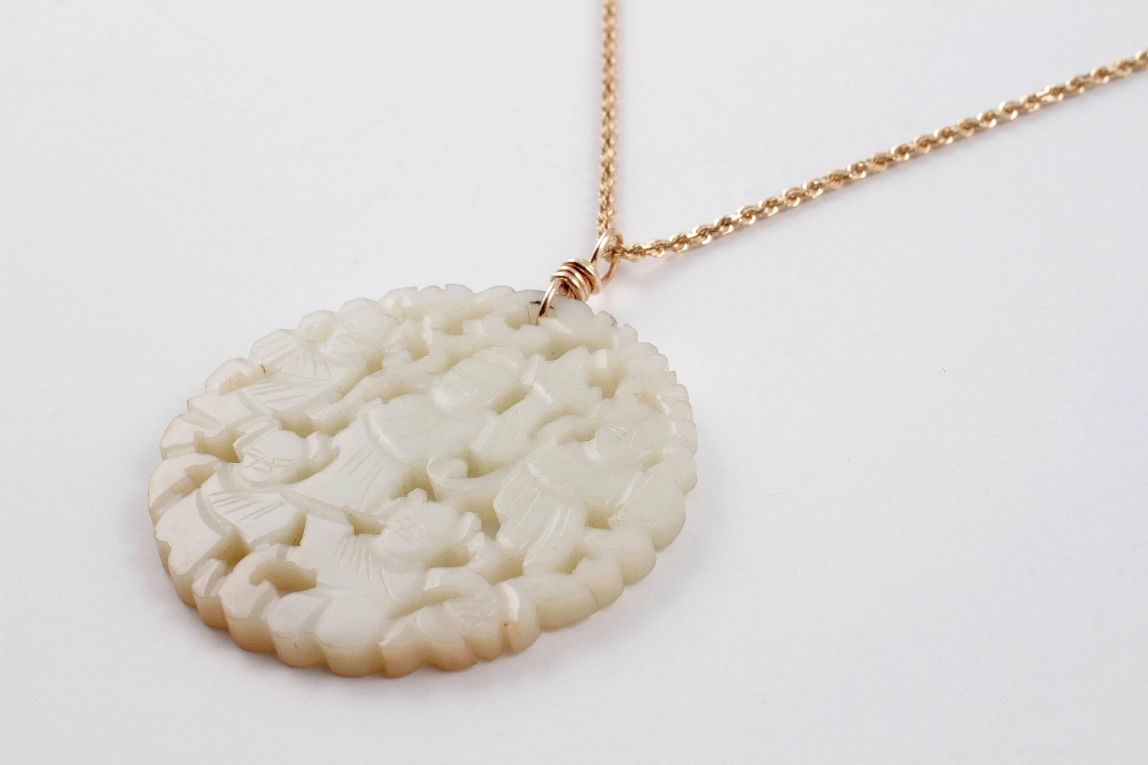 Women's or Men's Carved Nephrite Jade Necklace in 14 Karat Gold