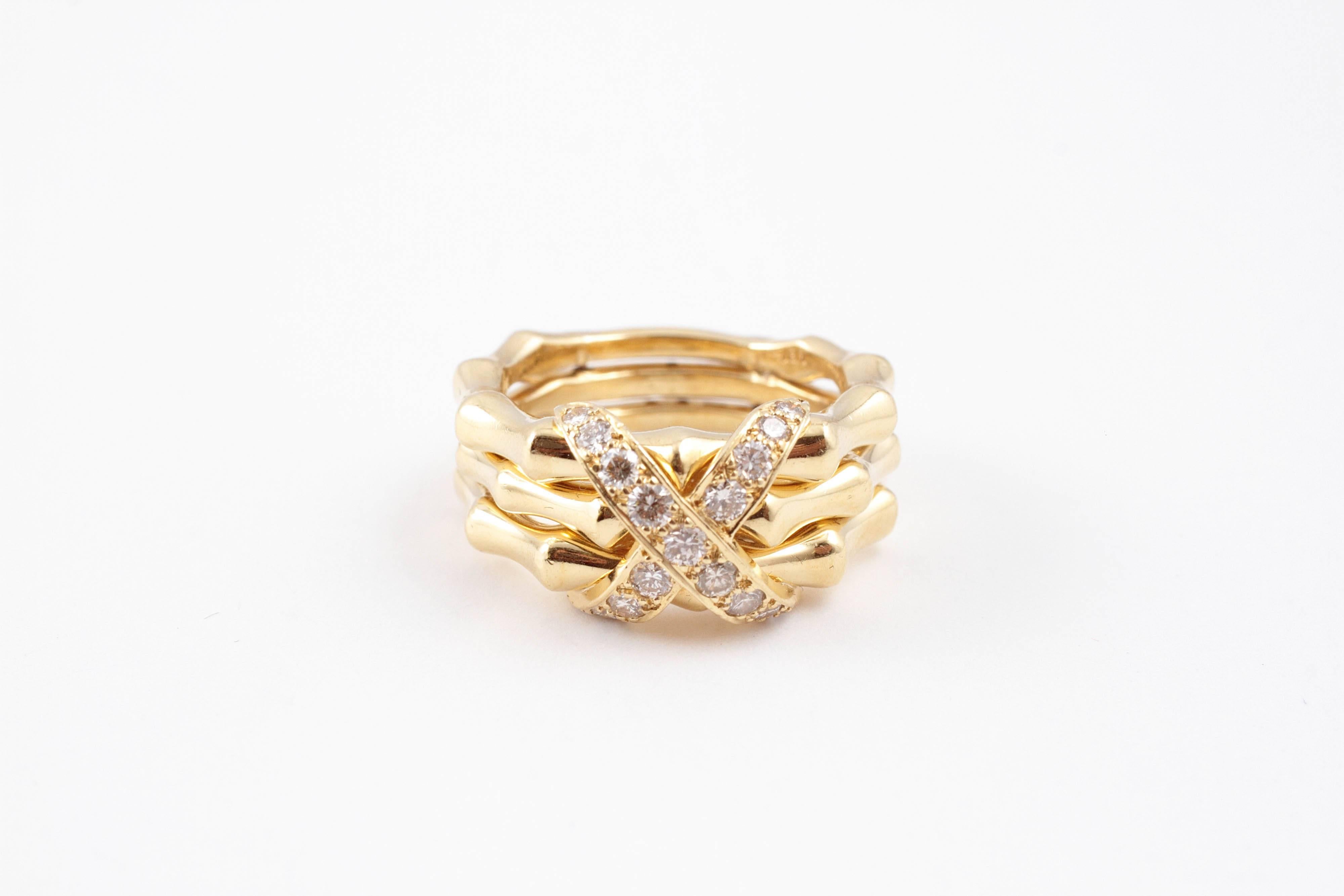 Diamond Yellow Gold X Bamboo Ring In Excellent Condition In Dallas, TX