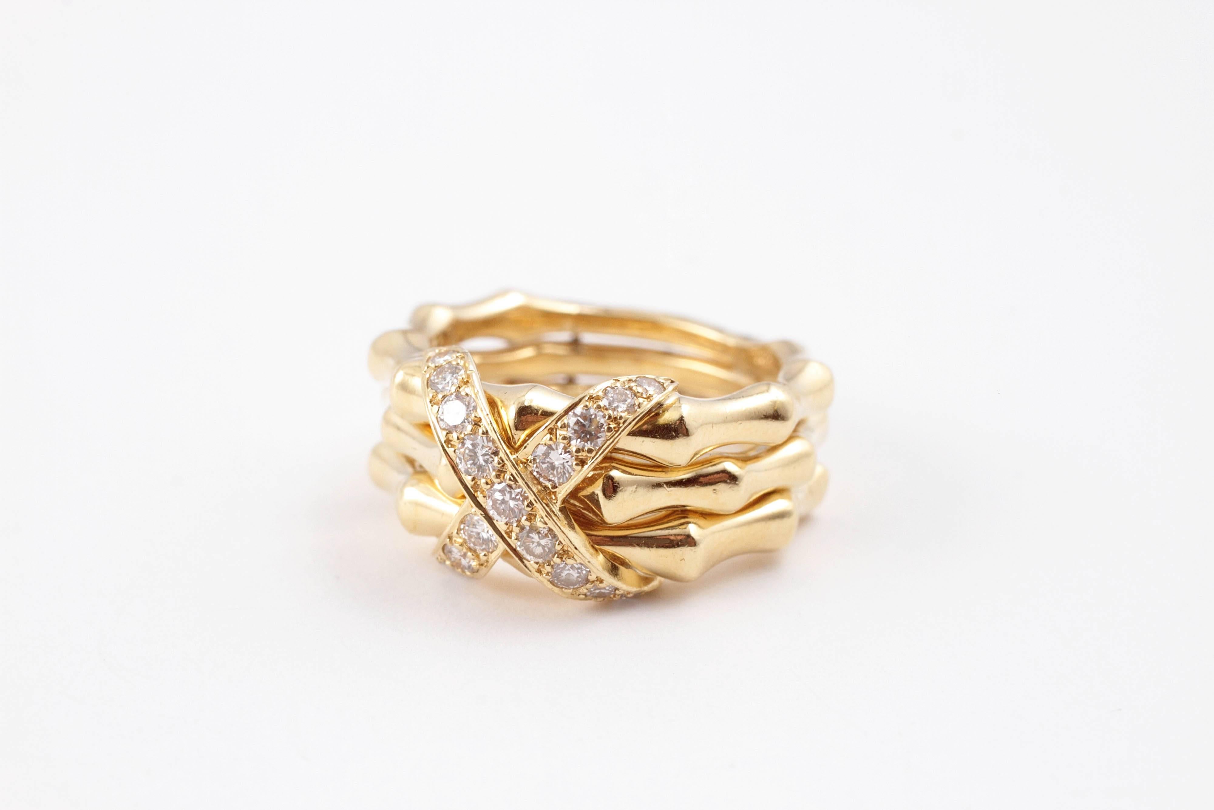 Diamond Yellow Gold X Bamboo Ring 1