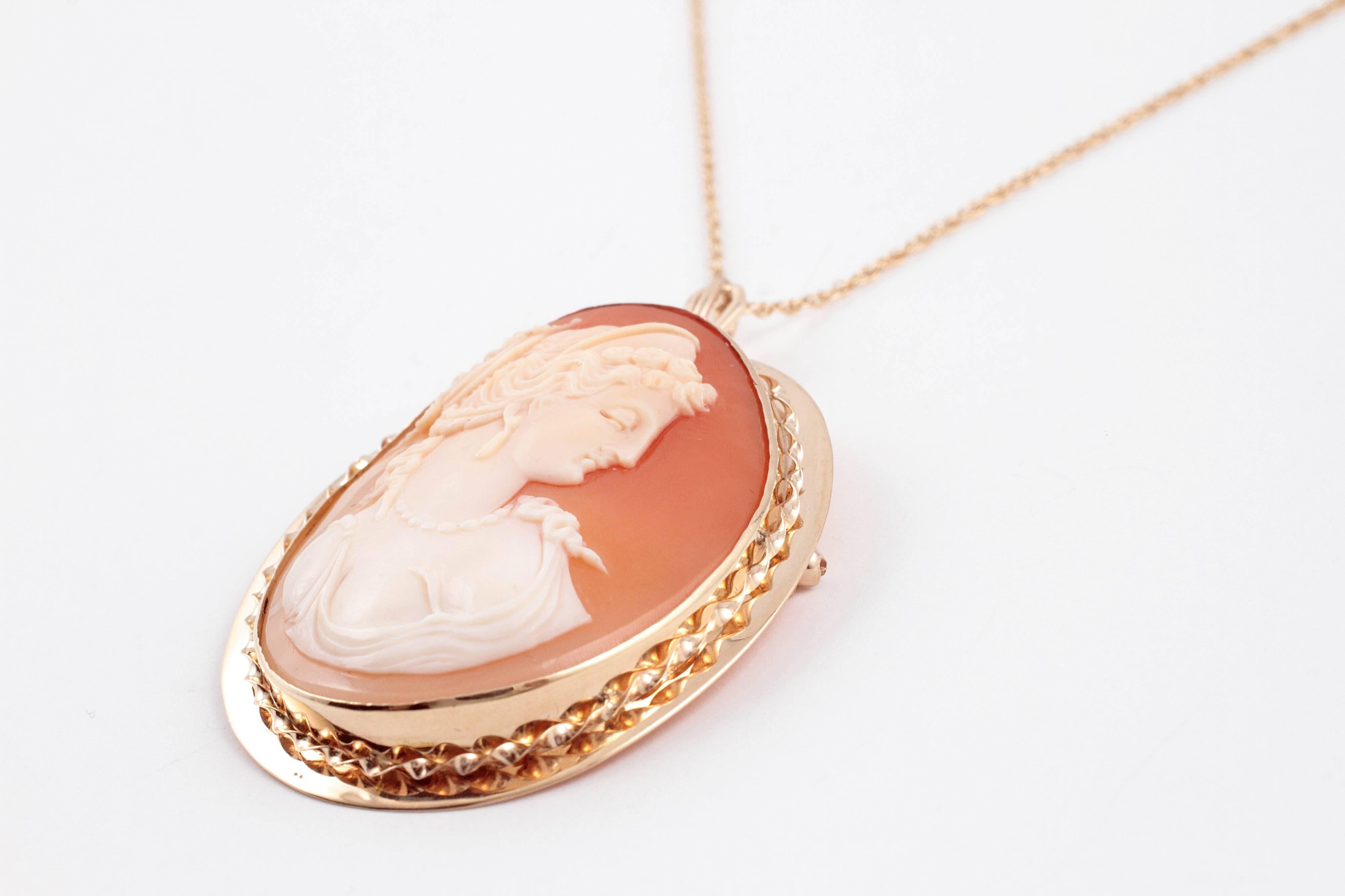 Women's Gold Cameo Pin Pendant on Gold Filled Chain