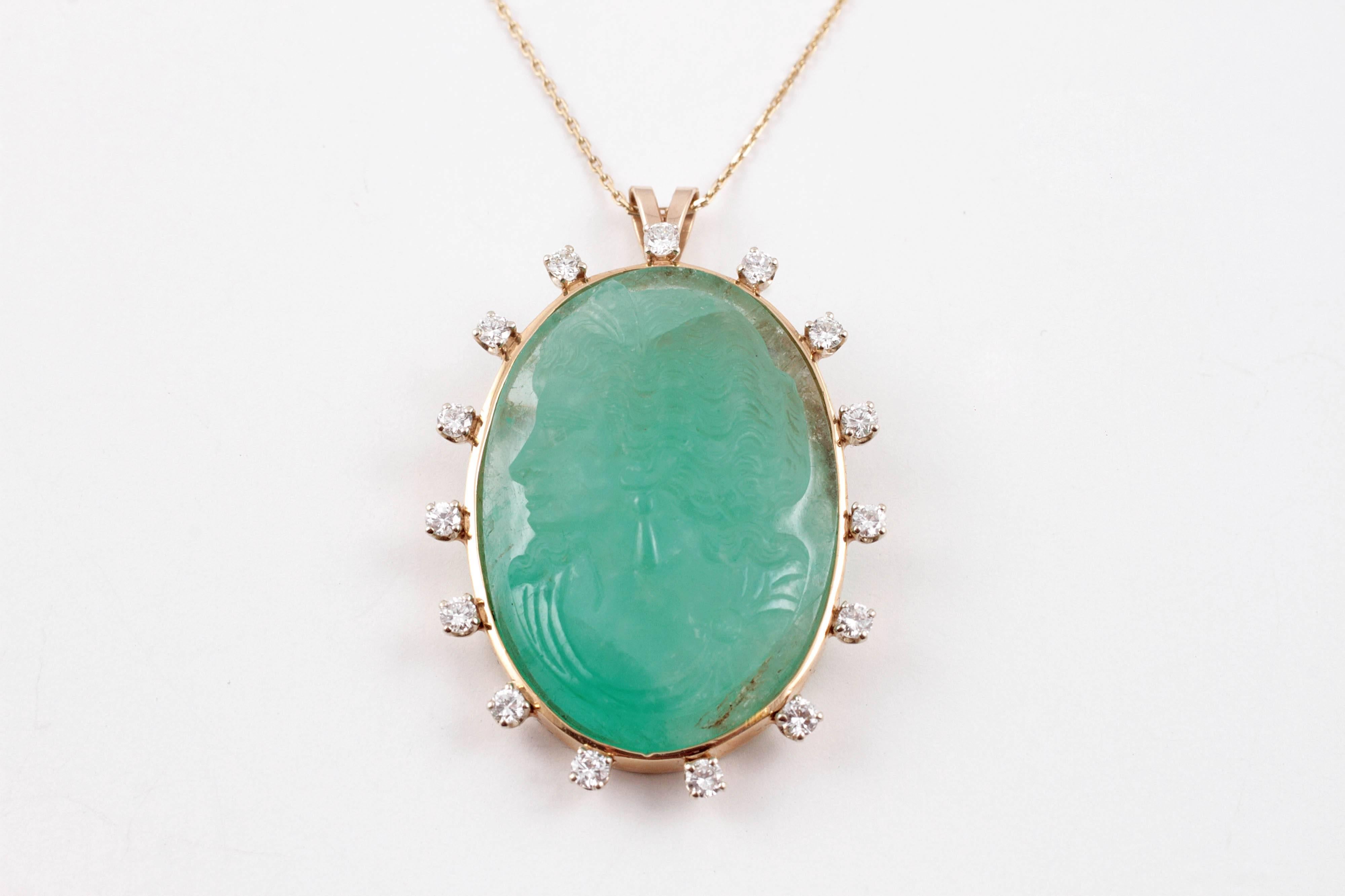 Carved Emerald Cameo Diamond Pendant GIA Report Yellow Gold Chain In Excellent Condition In Dallas, TX