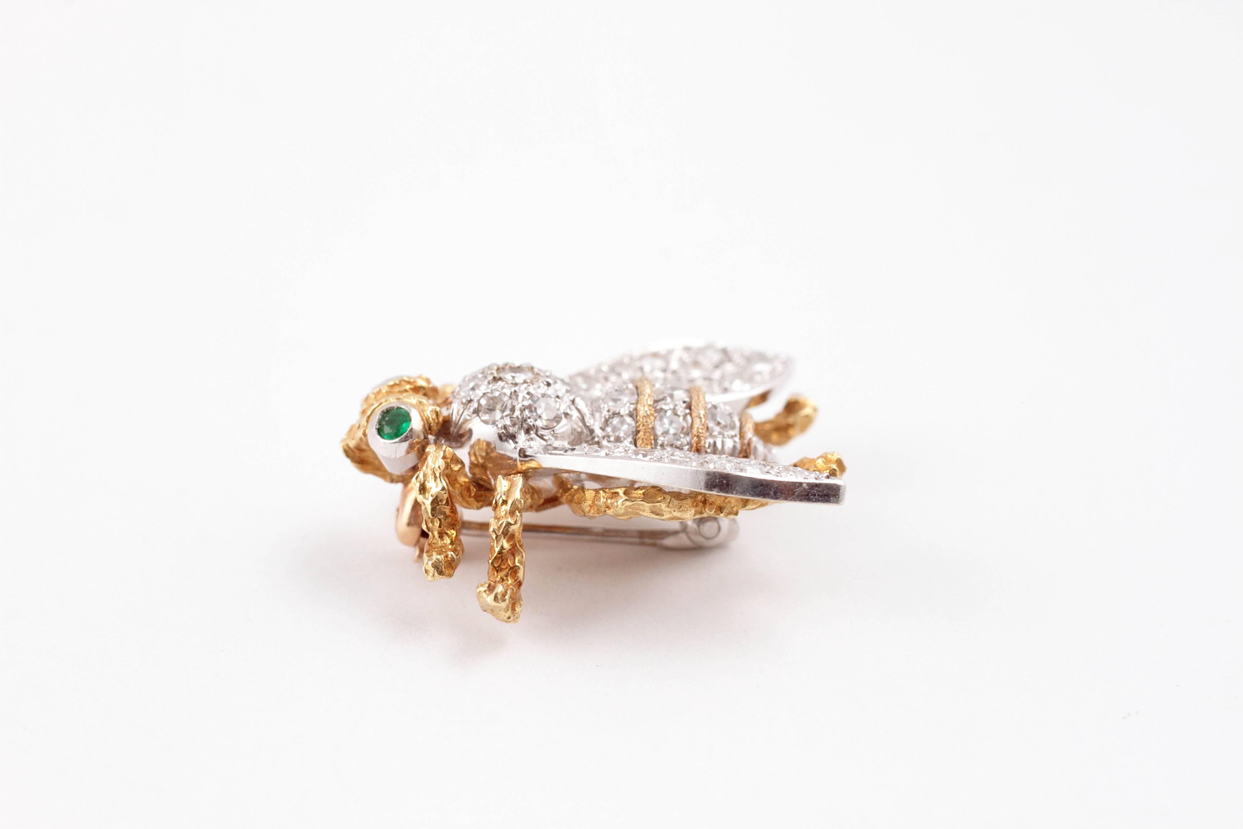 Women's or Men's Diamond Emerald Yellow and White Gold Bee Brooch
