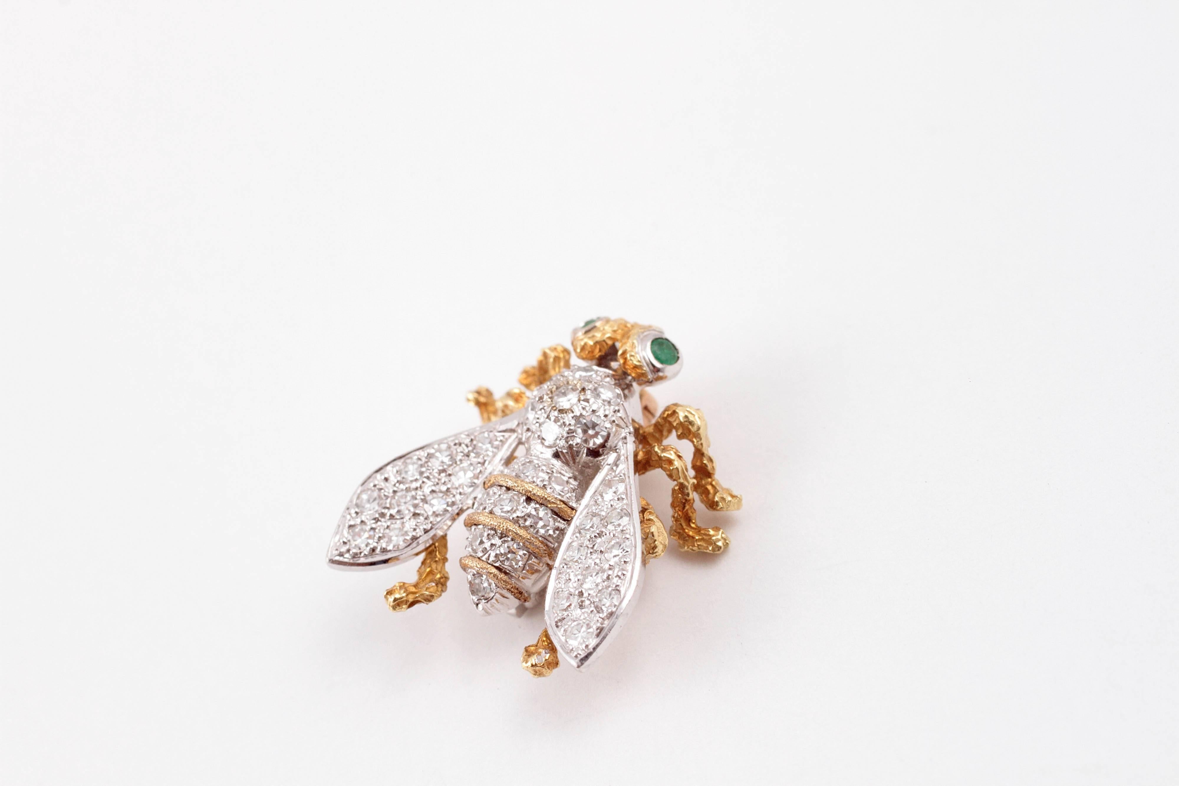 Diamond Emerald Yellow and White Gold Bee Brooch 2