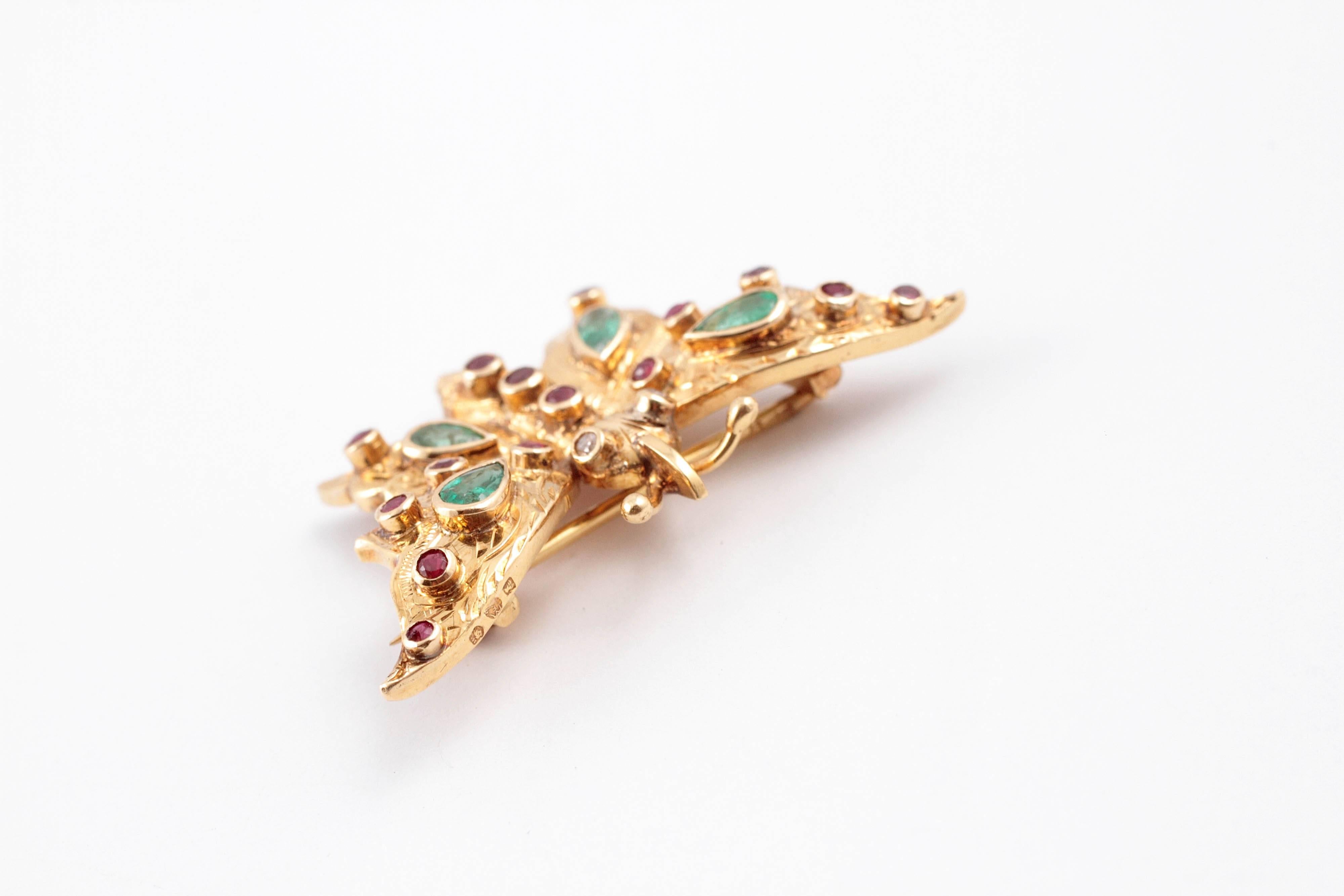 Women's or Men's Emerald Ruby Yellow Gold Butterfly Brooch