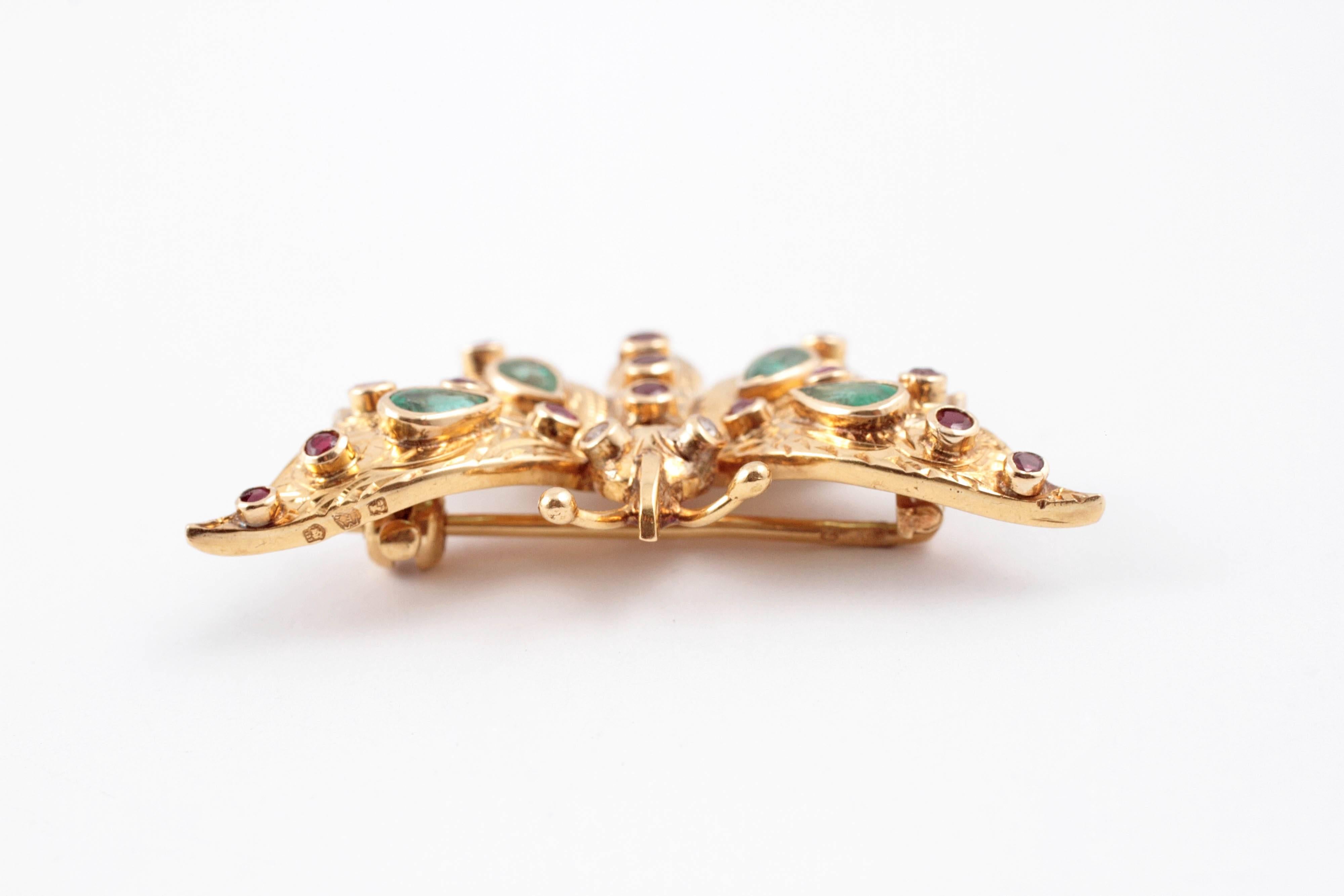 Emerald Ruby Yellow Gold Butterfly Brooch 1