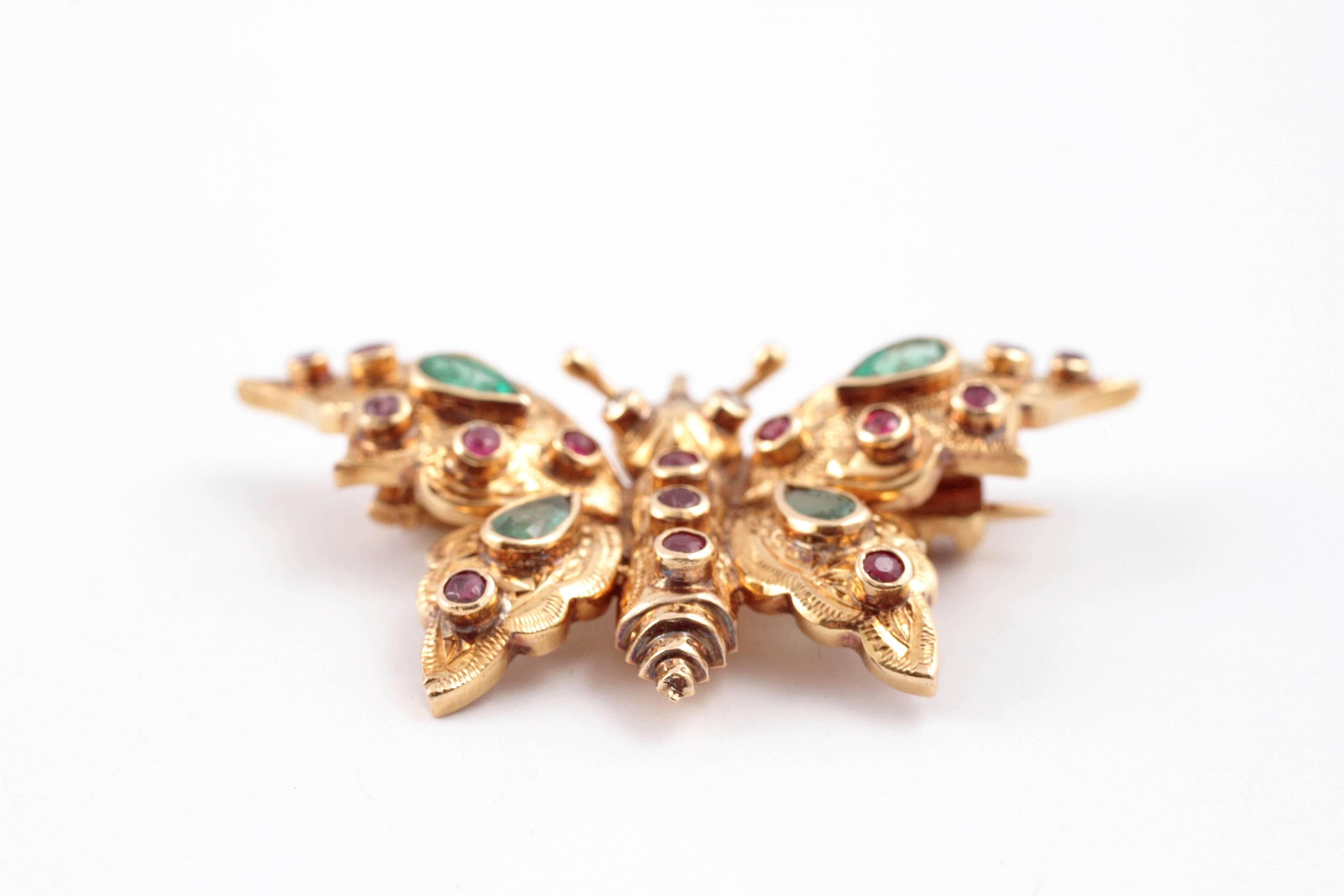 Emerald Ruby Yellow Gold Butterfly Brooch 2