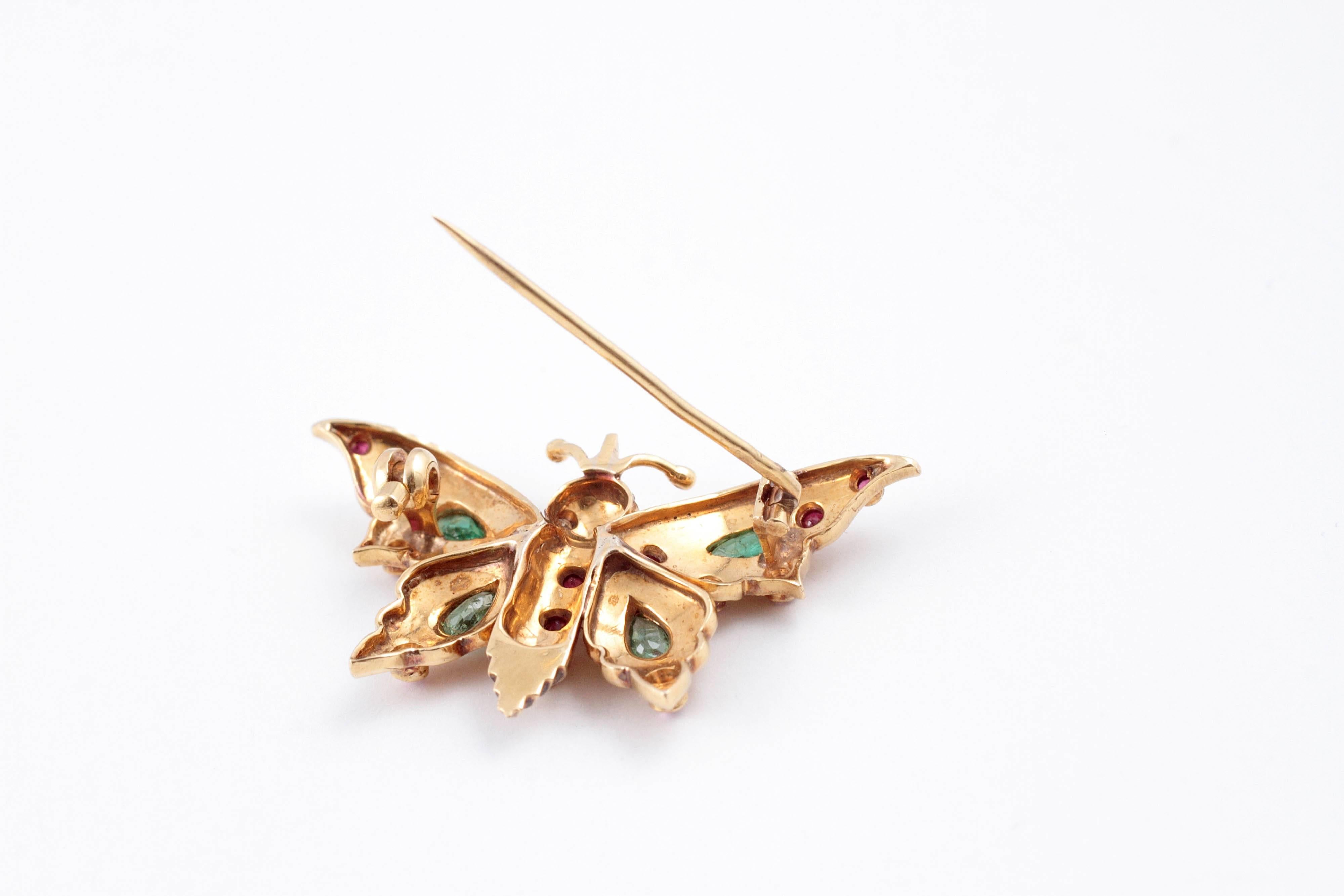 Emerald Ruby Yellow Gold Butterfly Brooch 3
