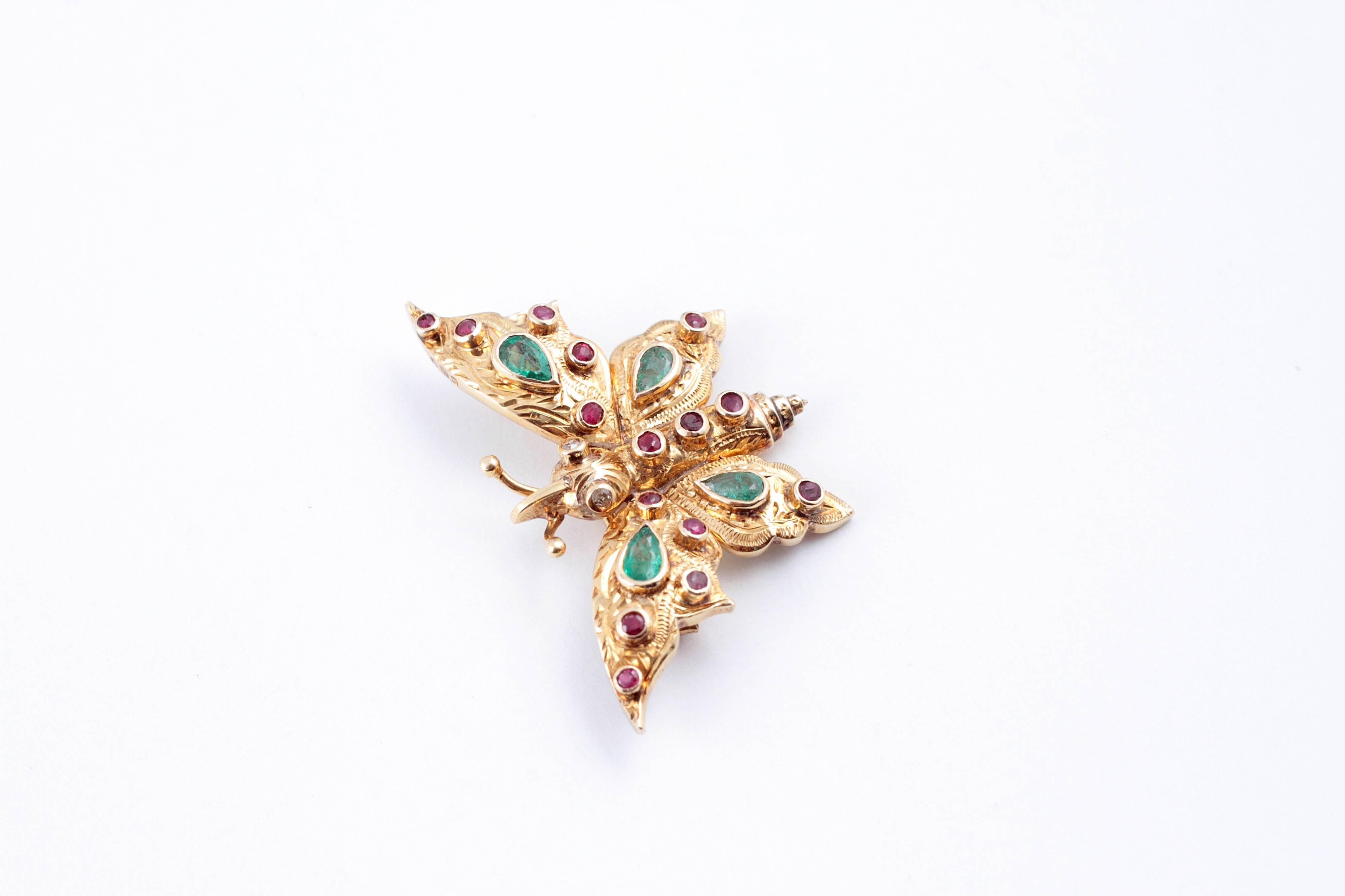 Emerald Ruby Yellow Gold Butterfly Brooch 4