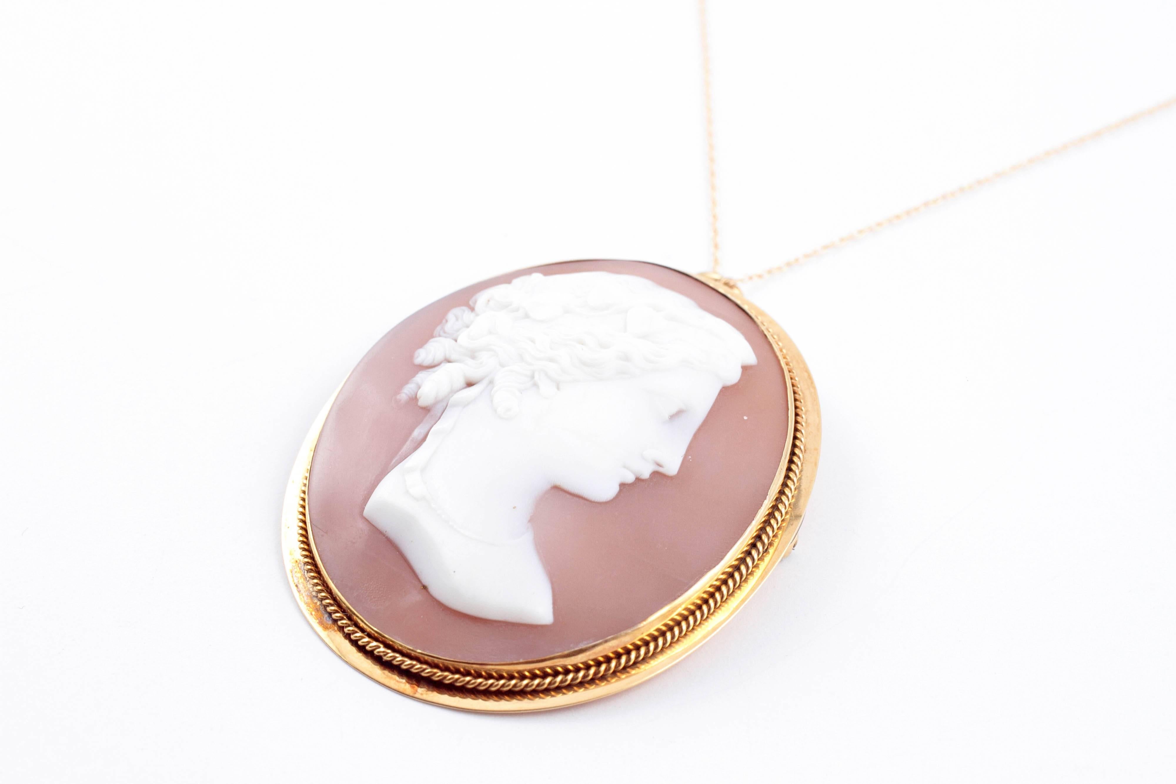 Large Shell Cameo Brooch Pendant on Yellow Gold Filled Chain In Good Condition For Sale In Dallas, TX