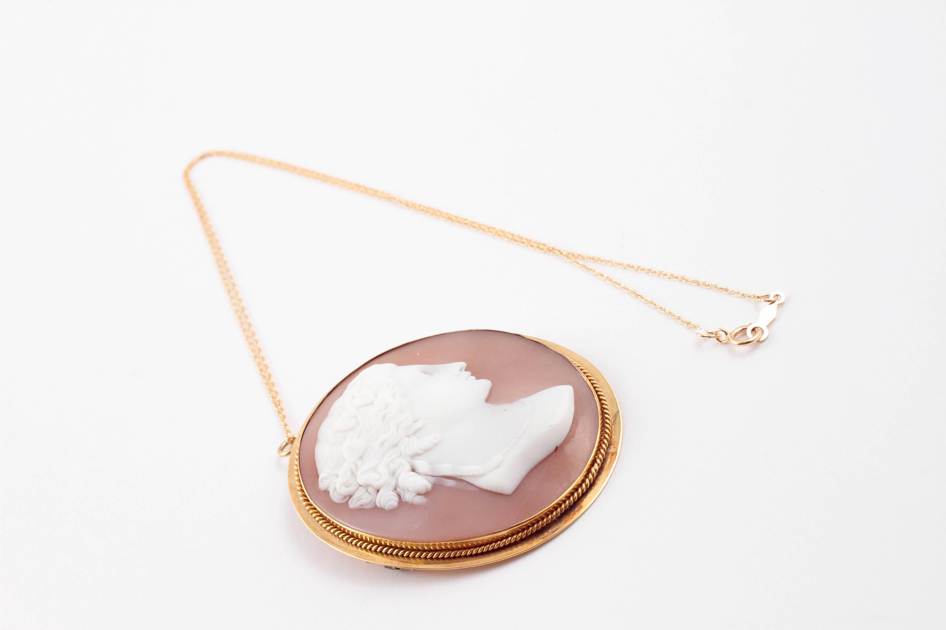 Large Shell Cameo Brooch Pendant on Yellow Gold Filled Chain For Sale 4