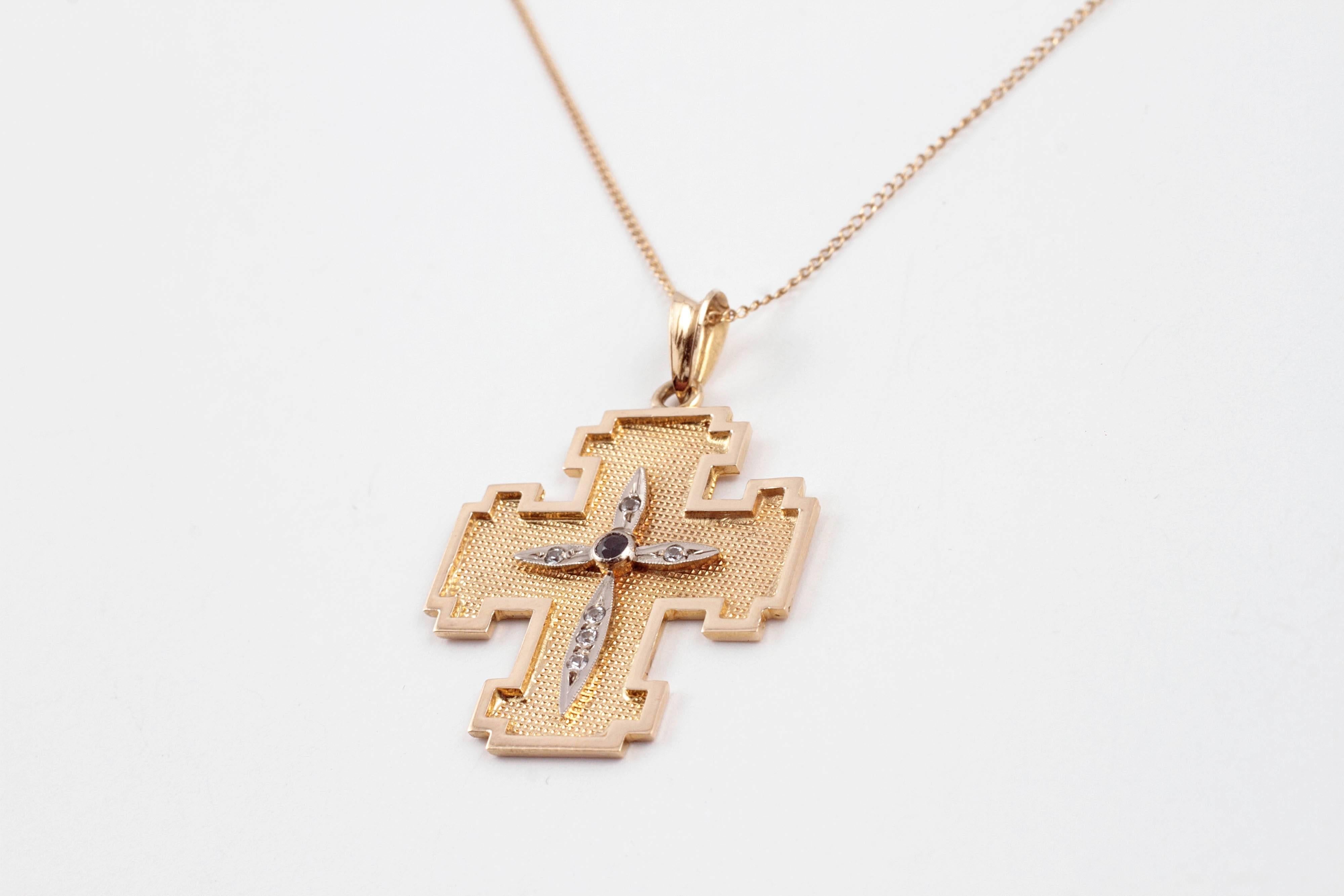 Sapphire Simulated Diamond Yellow Gold Cross Necklace In Good Condition In Dallas, TX