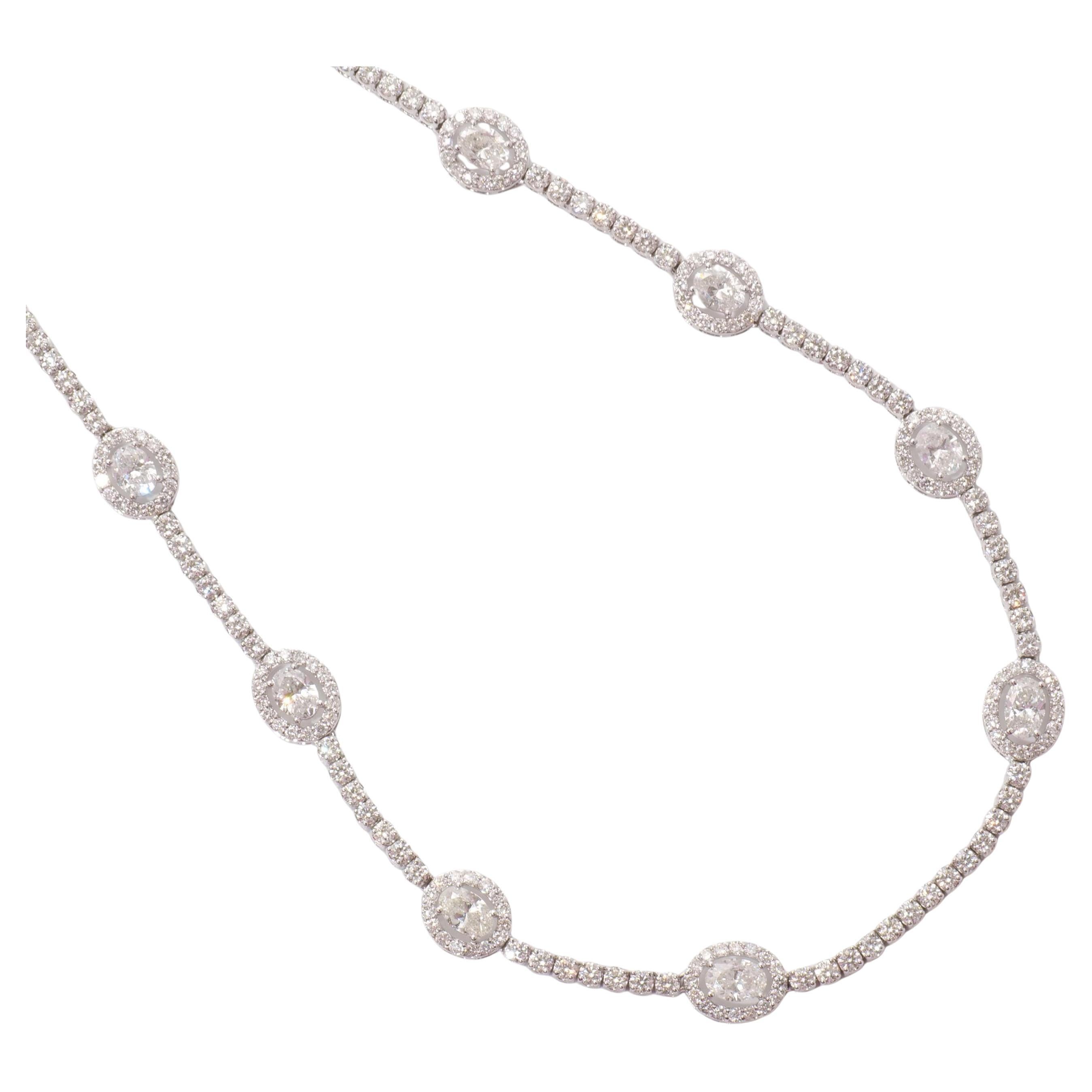 Oval Link Halo Natural Diamond Tennis Necklace in 14k Solid Gold (Certified)