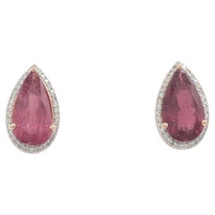 Pendientes de oro macizo de 14k con turmalina pera y halo de diamantes (certificados)