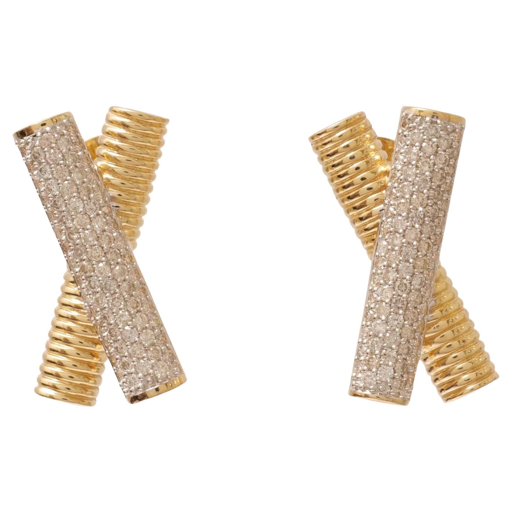 X Bar Natural Diamond Stud Earrings in 14k Solid Gold (Certified) For Sale