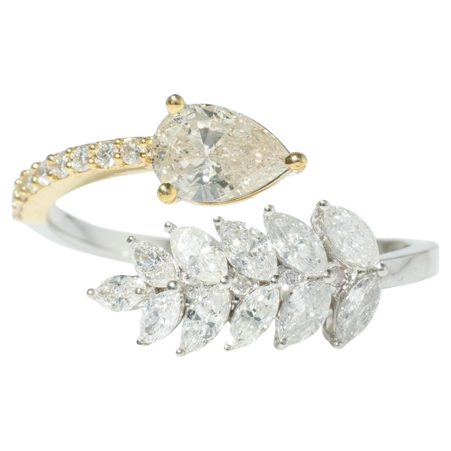 Anello da polso aperto con diamante a foglia di pera in oro massiccio 14k (certificato)