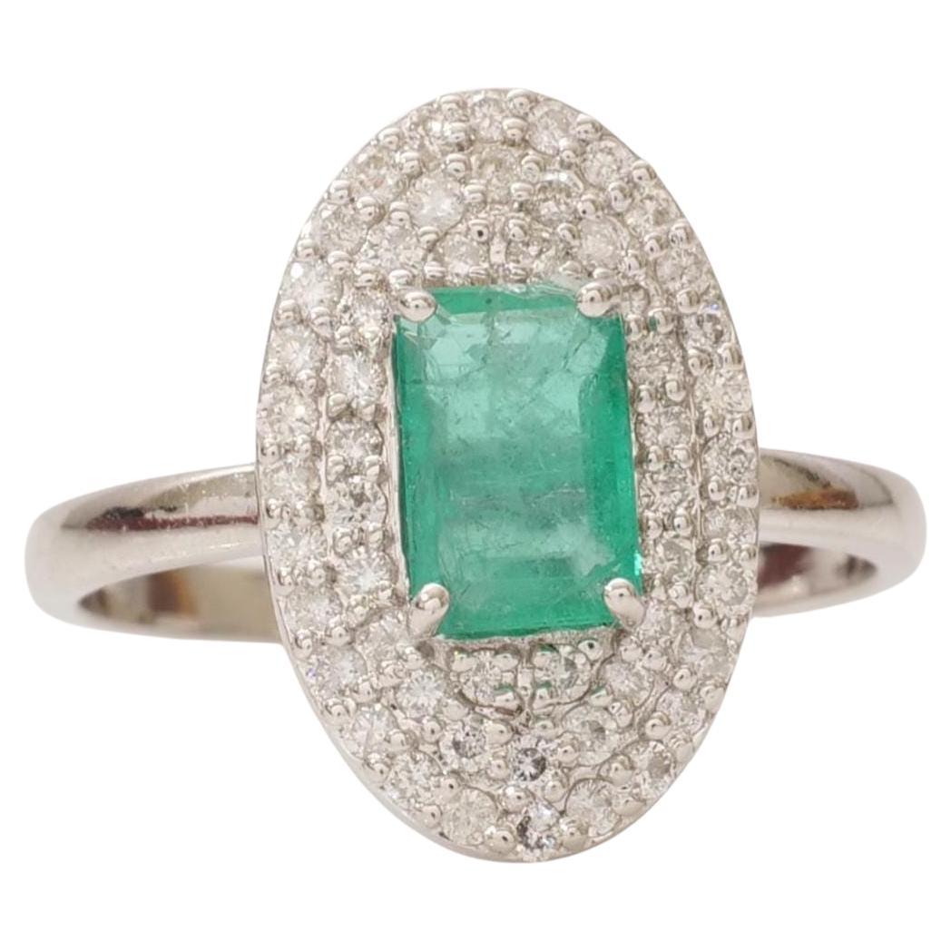Emerald Gemstone Double Halo Natural Diamond Ring in 14k Solid Gold (Certified) For Sale