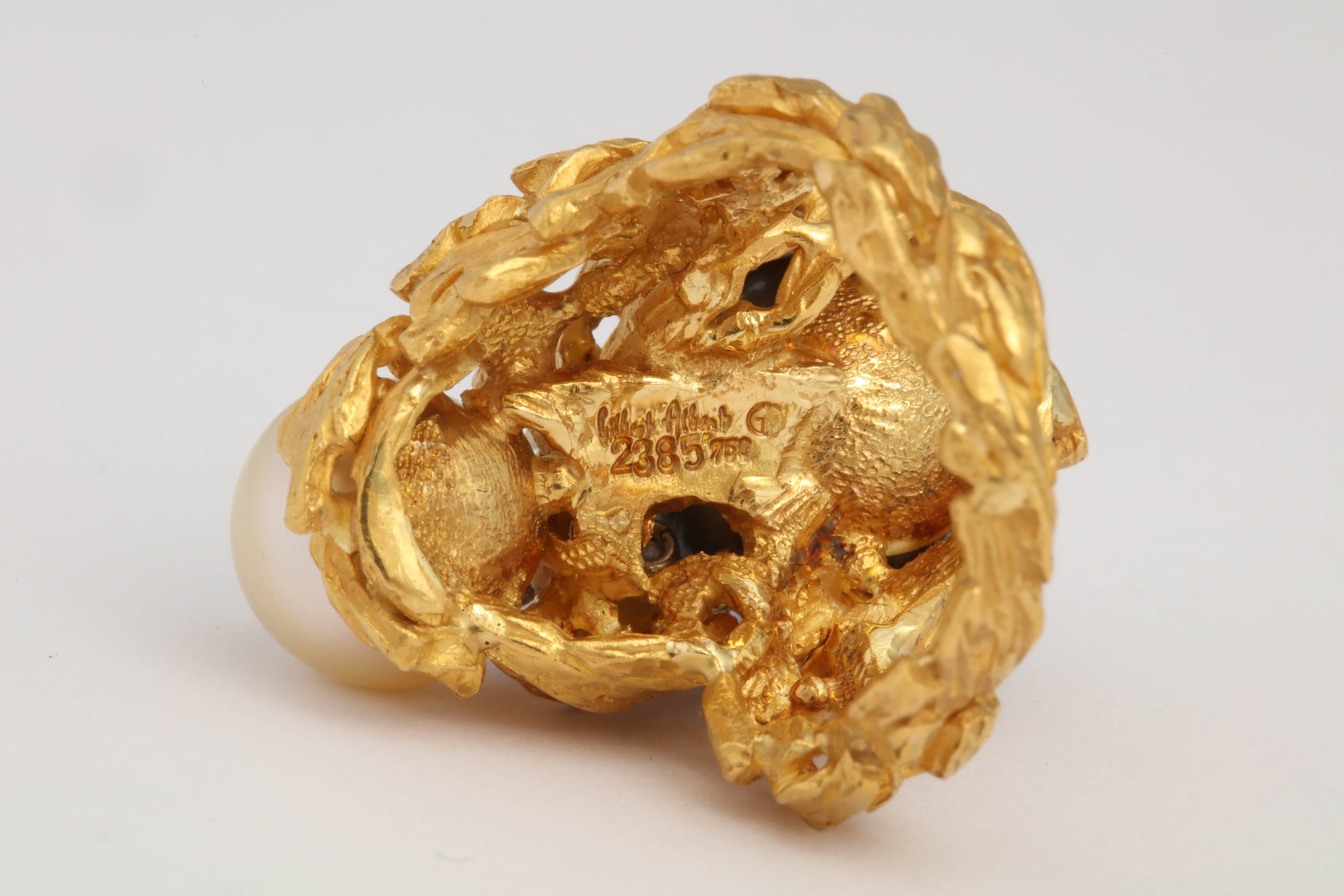 Women's Gilbert Albert South Sea Pearl Diamond Gold Modernist Ring