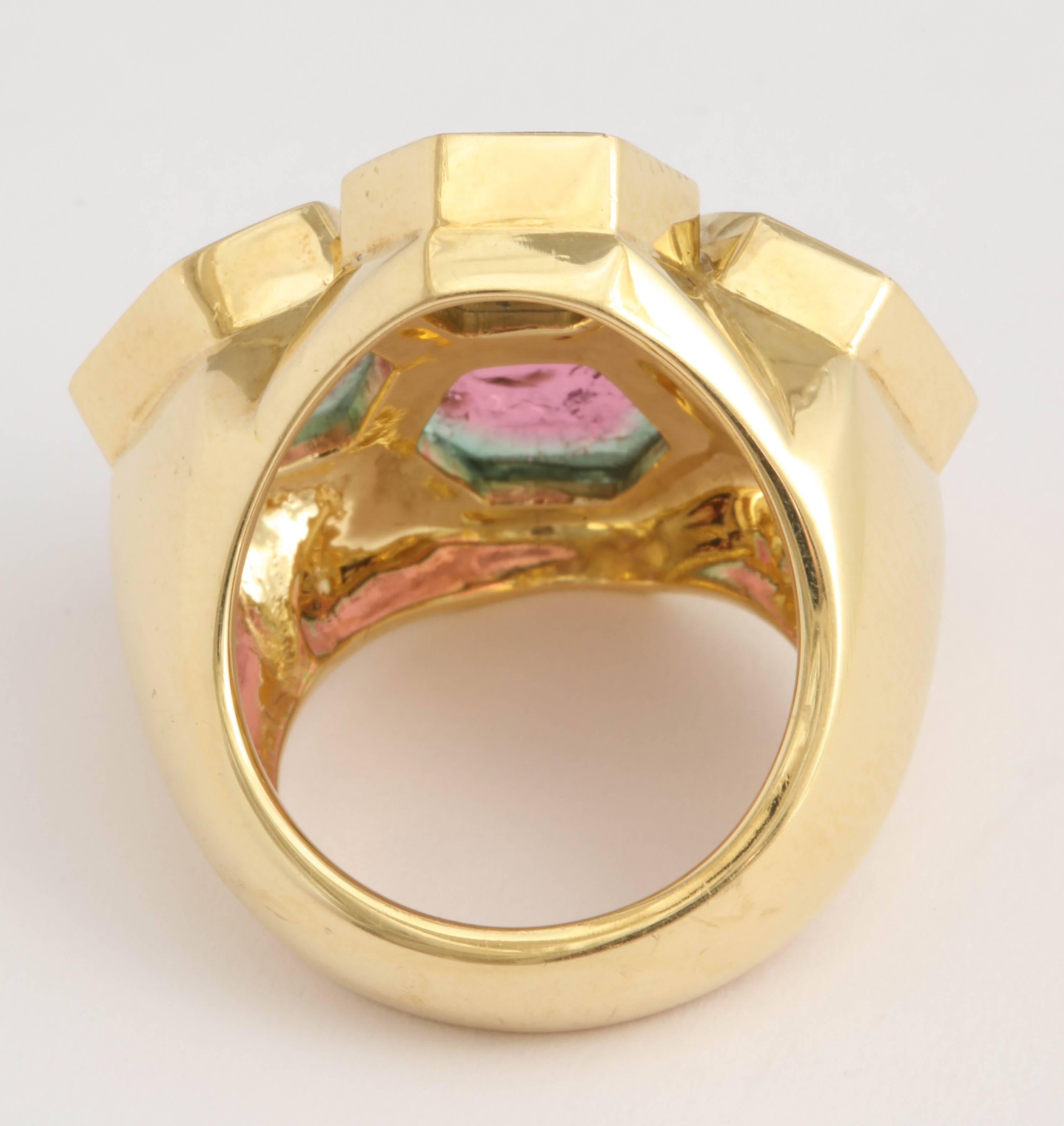 Mid-Century Watermelon Tourmaline Gold Ring In Excellent Condition In New York, NY