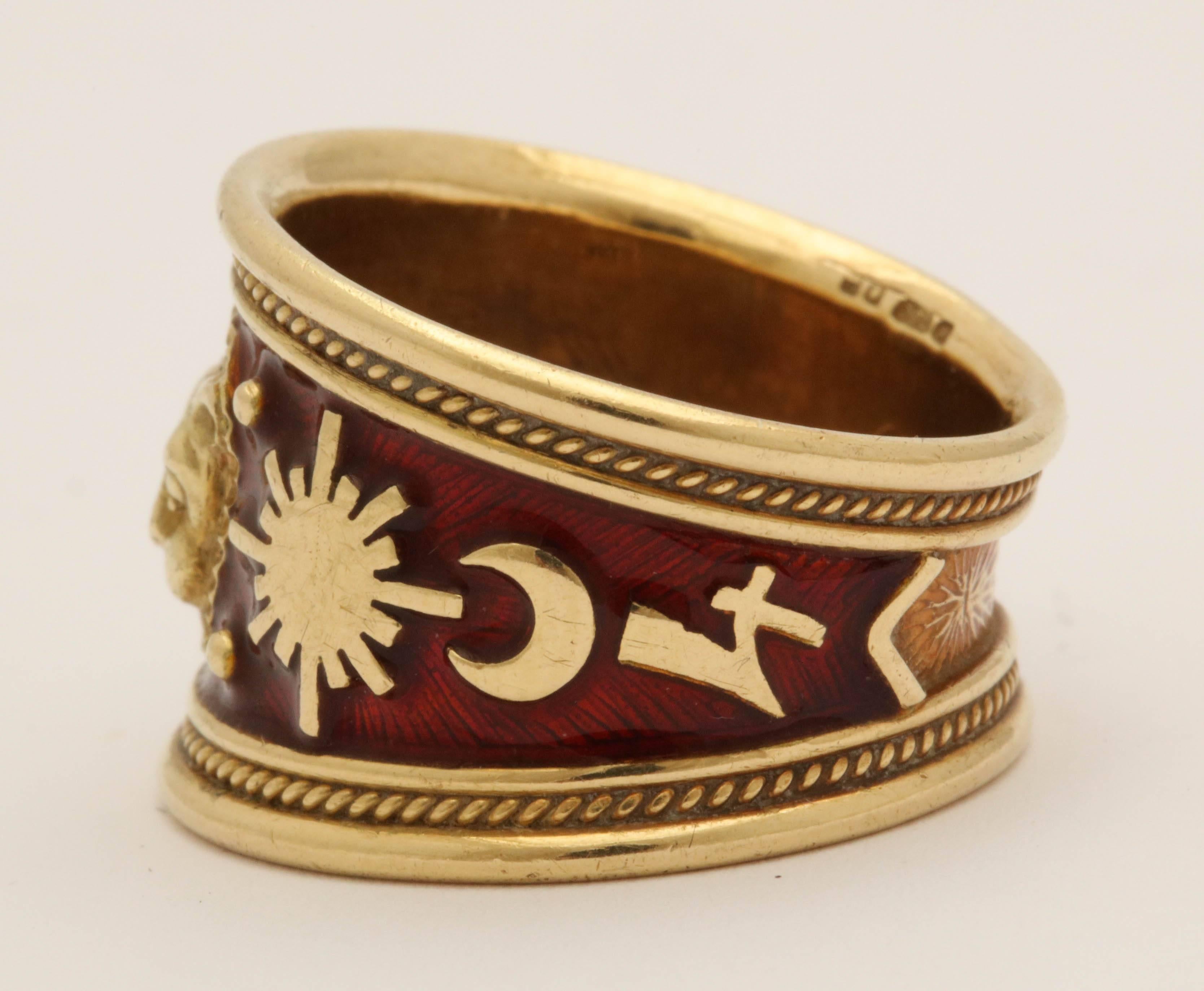 Women's or Men's Elizabeth Gage Tapered Red Enamel with Gold Pellets Design Leo Gold Ring