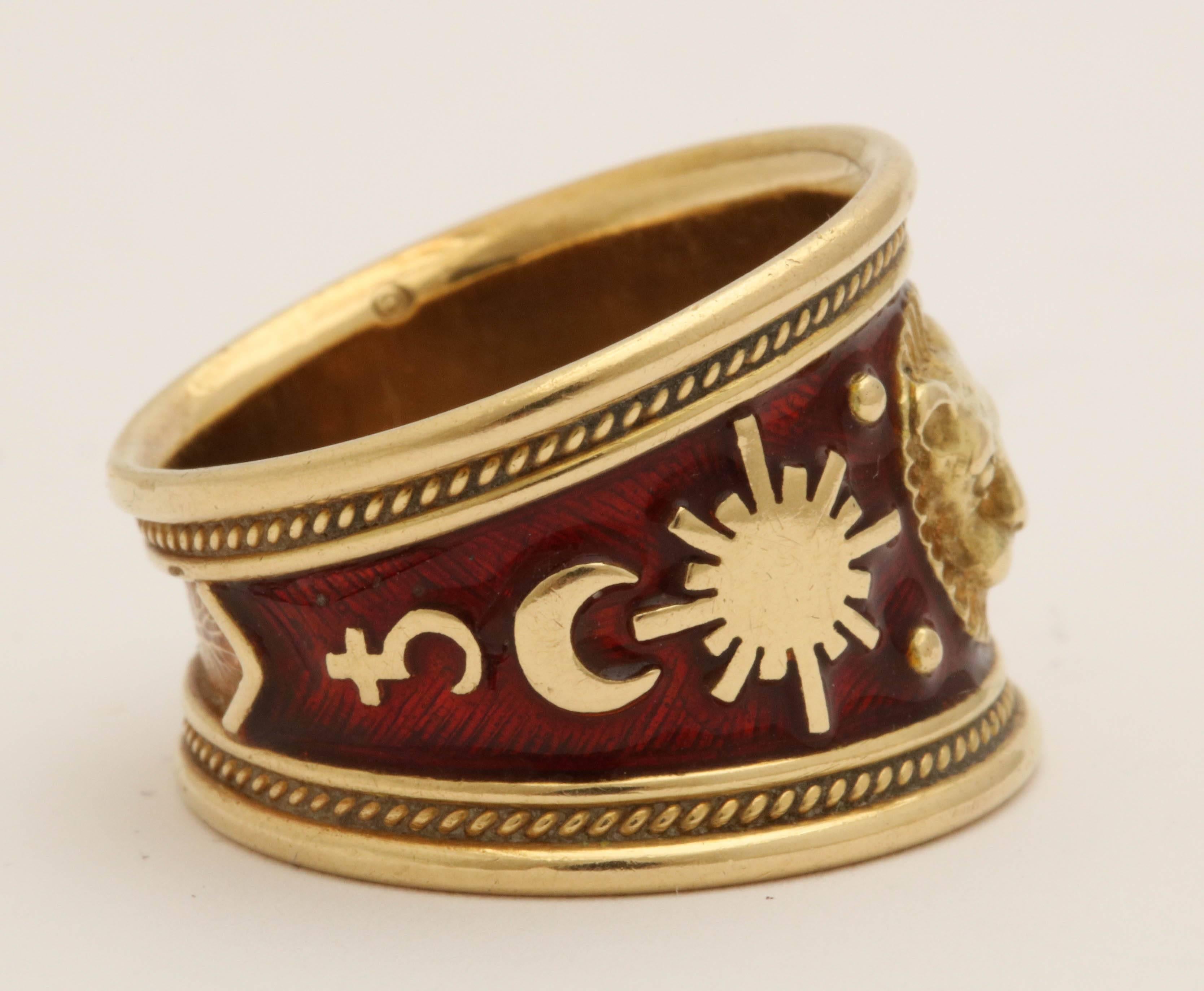 Elizabeth Gage Tapered Red Enamel with Gold Pellets Design Leo Gold Ring 1