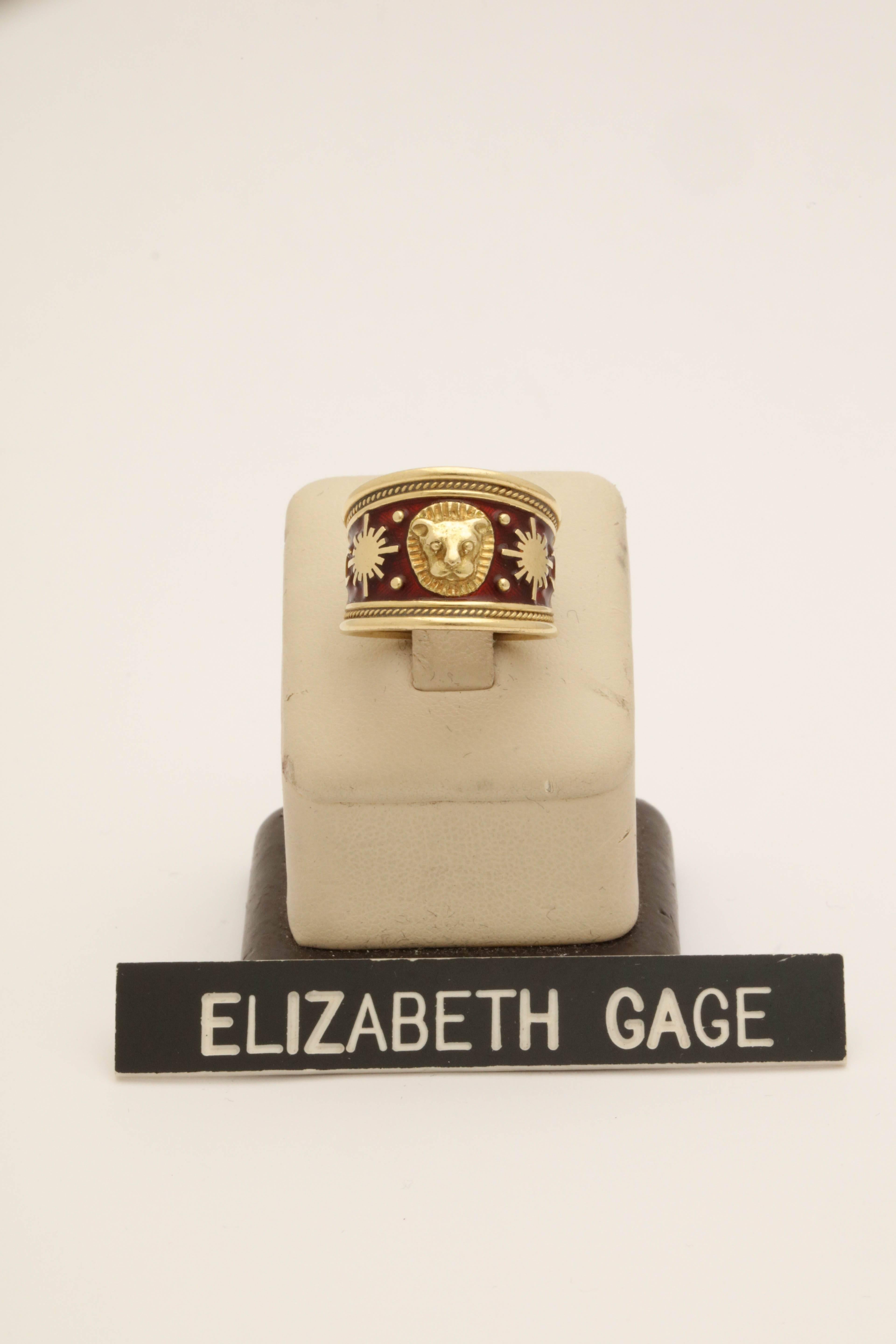 Elizabeth Gage Tapered Red Enamel with Gold Pellets Design Leo Gold Ring 3