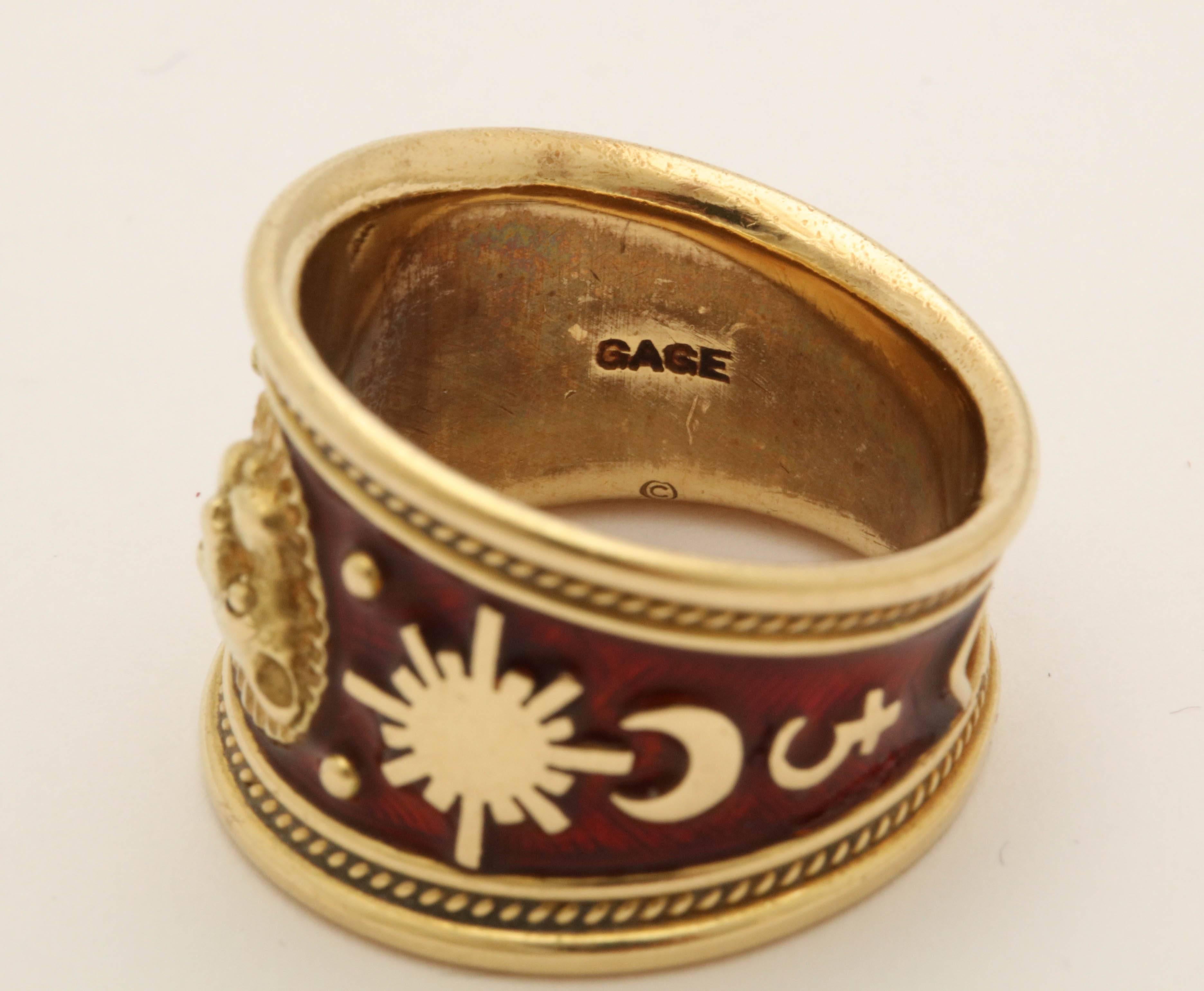 Elizabeth Gage Tapered Red Enamel with Gold Pellets Design Leo Gold Ring 4