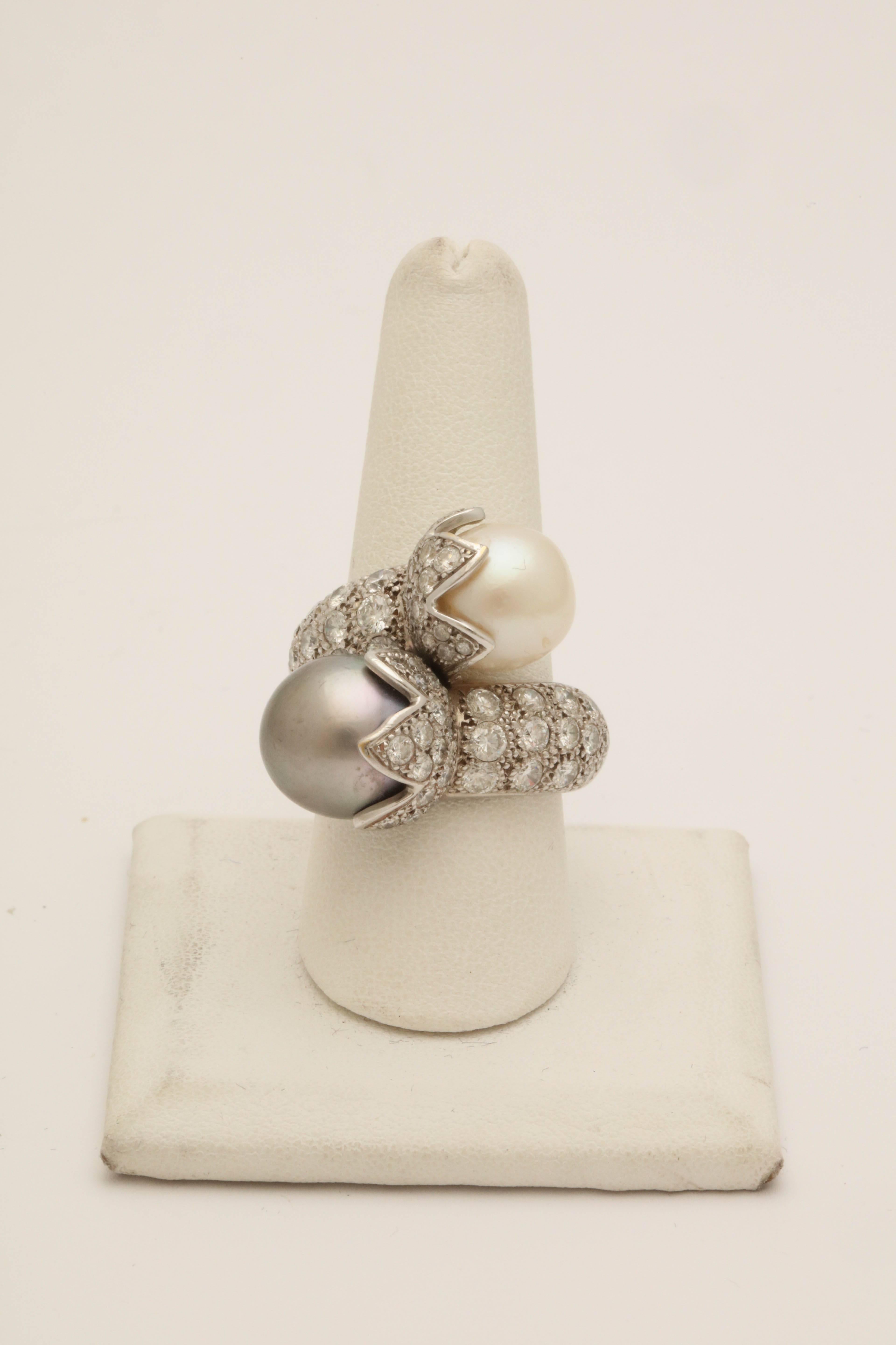 Women's 1980s White and Tahitian Pearl Double Crossover Bypass Diamond Gold Ring