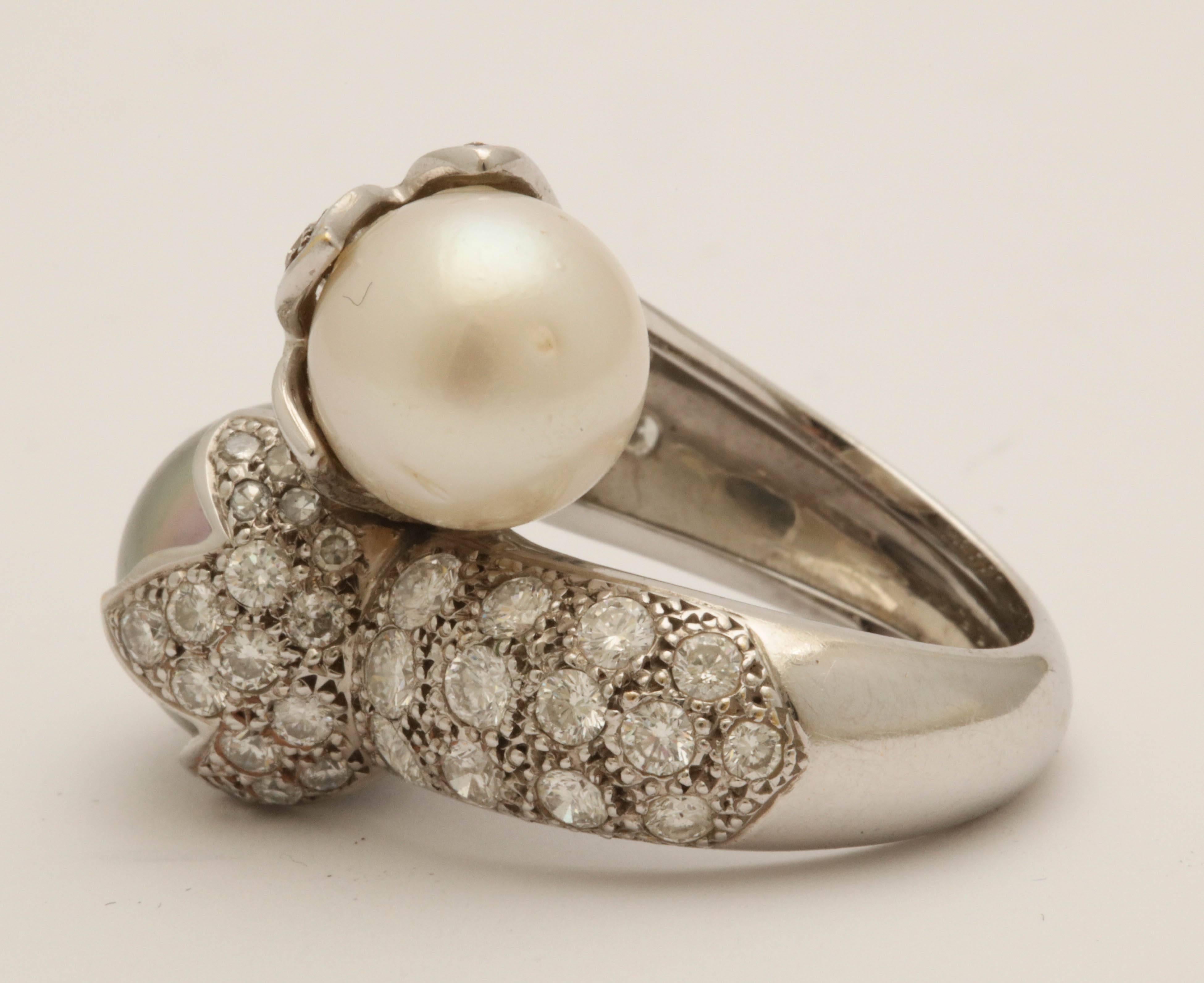 1980s White and Tahitian Pearl Double Crossover Bypass Diamond Gold Ring 1