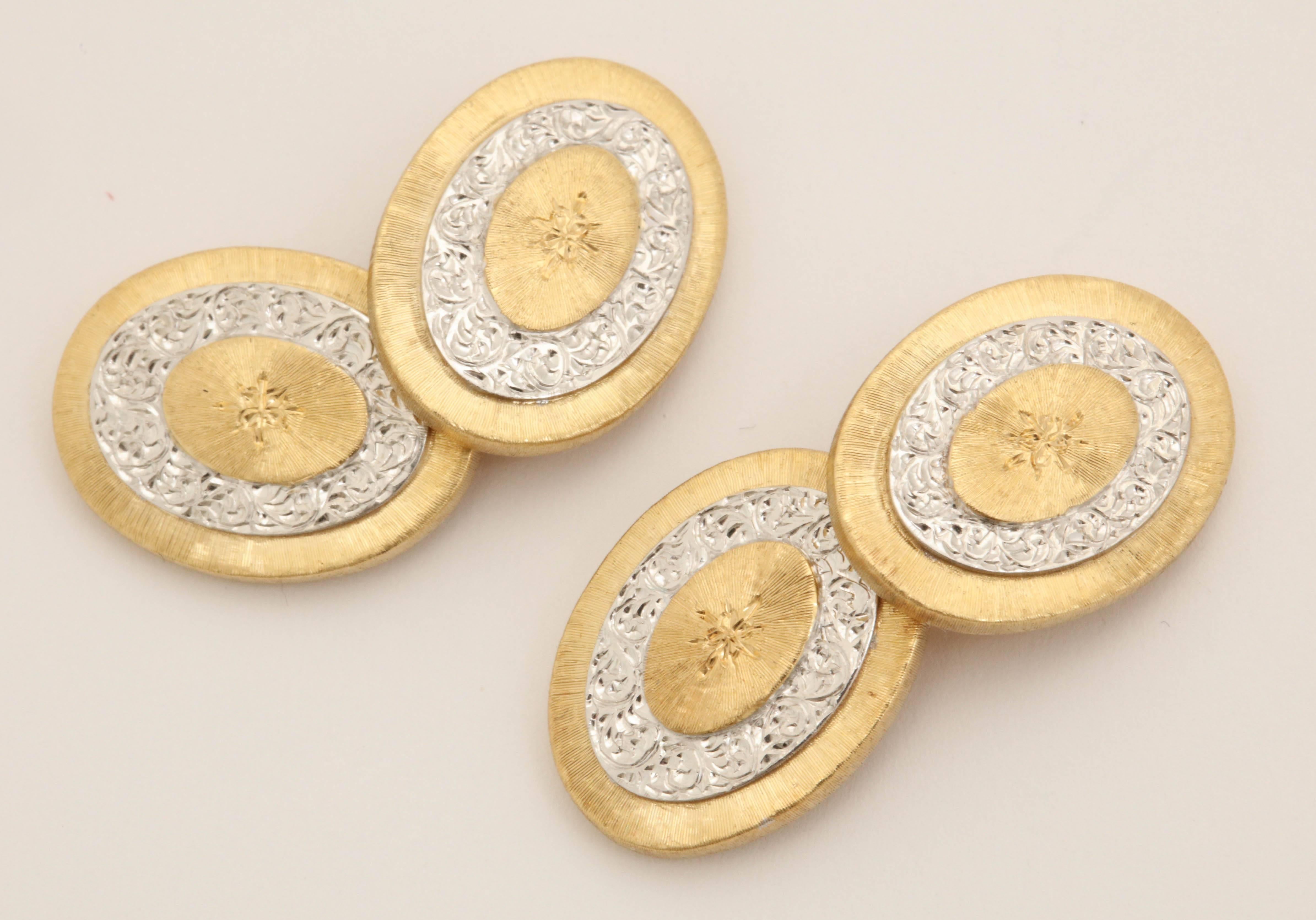 1950s Buccellati Engraved and Florentine White and Yellow Gold Cufflinks 3