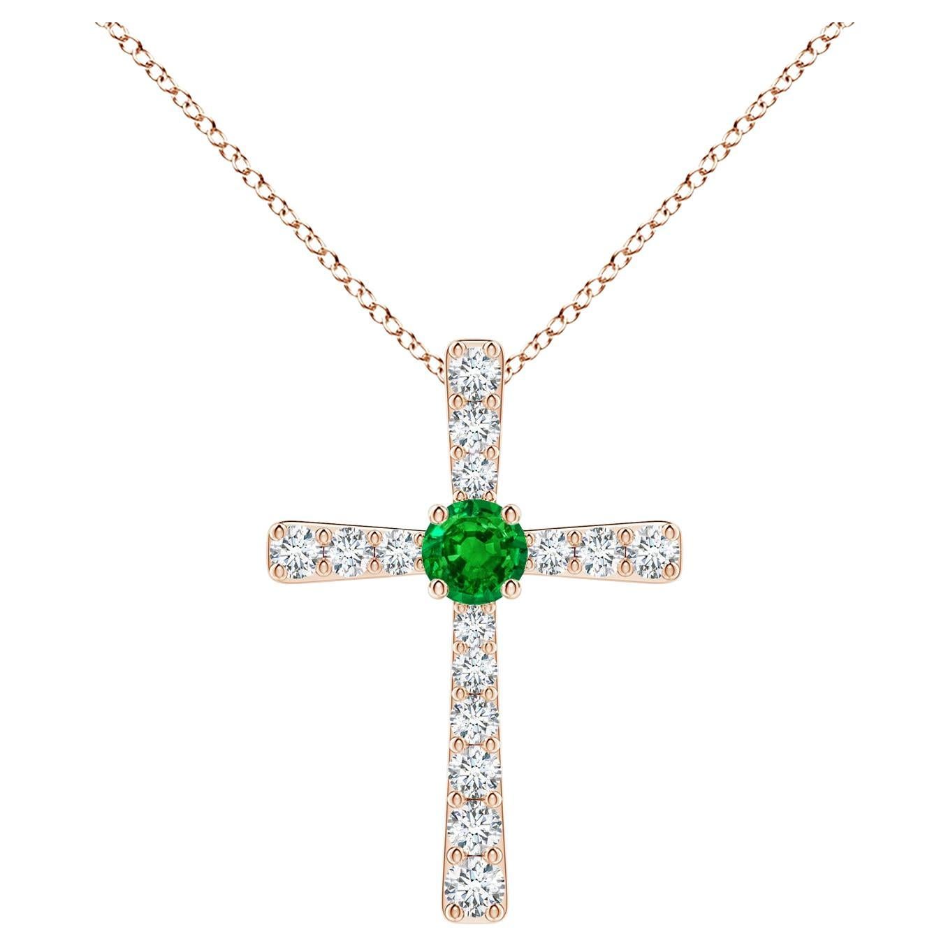 14K Gold Emerald and Diamond Cross Pendant Necklace for Women
