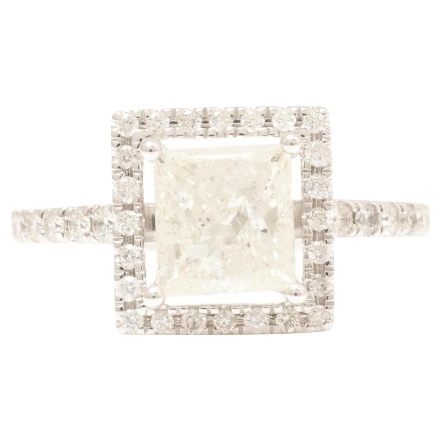 Princess Halo Solitaire Natural Diamond Ring in 14k Solid Gold (Certified) For Sale