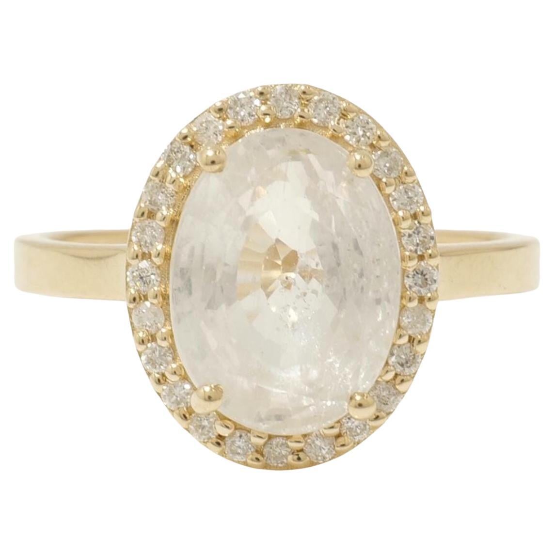 White Oval Natural Sapphire 
Diamond Halo Ring in 14k Solid Gold (Certified)
