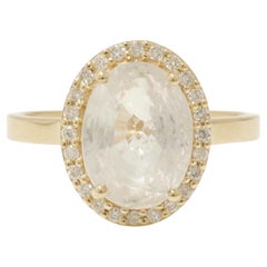 White Oval Natural Sapphire 
Diamond Halo Ring in 14k Solid Gold (Certified)