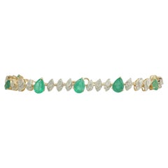 Bracelet de tennis en or massif 14K avec émeraude en forme de goutte et diamant naturel (certifié)