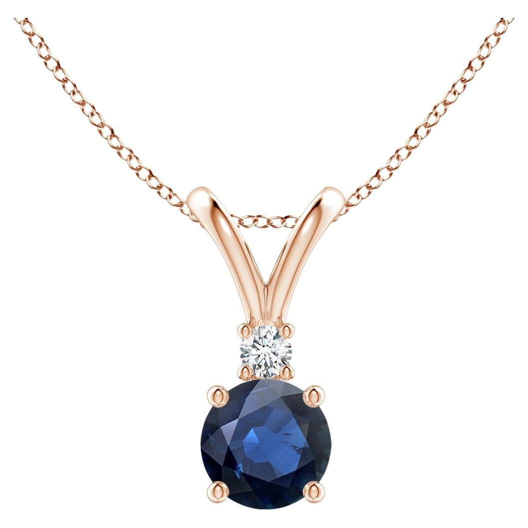 Angara Natural Round Blue Sapphire Solitaire Pendant with Diamond 14K Solid Gold For Sale