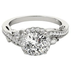 GIA 1.51ct Cushion Antique Halo Multi-Stone Curved White Gold Diamond Ring