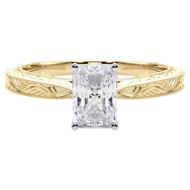 GIA 0,90ct Radiant Classic Solitaire Anello di diamanti in oro giallo inciso antico