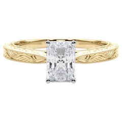 GIA 0,90ct Radiant Classic Solitaire Anello di diamanti in oro giallo inciso antico